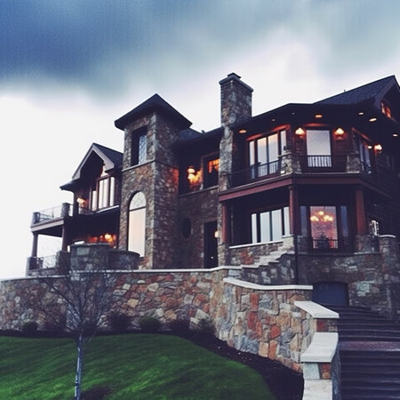 Exterior of modern luxury house with stone stairs and walkout deck.の素材