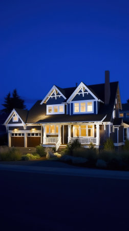 Luxury house in a suburban neighborhood at night with blue skyの素材