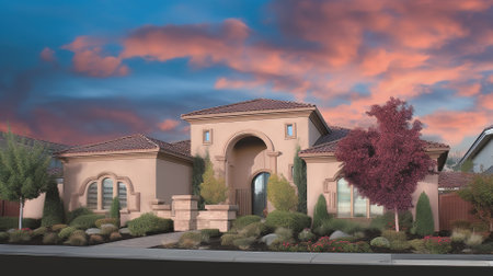 3D rendering of a beautiful house in the garden at sunset.の素材