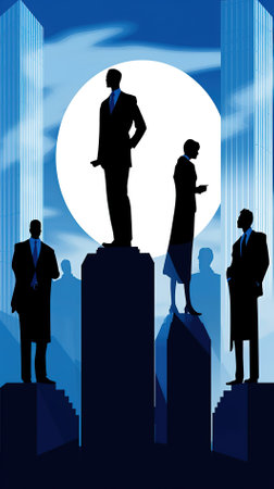 Vector illustration of business people standing on top of skyscrapers.の素材