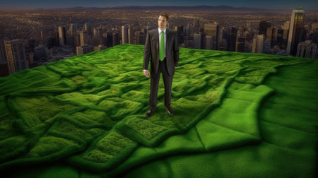 Businessman standing on a green field of grass and looking at the cityの素材