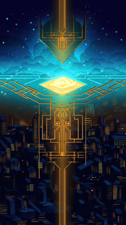Vector illustration of a religious cross on a background of the night cityの素材