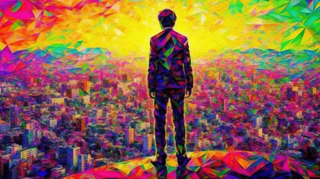 Double exposure of a man standing in front of a colorful city backgroundの素材