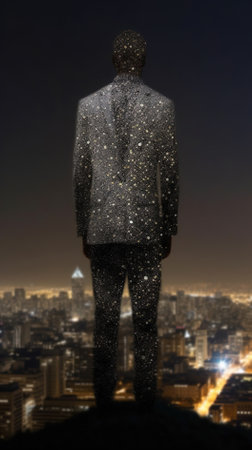 Businessman on top of the city at night. 3d renderingの素材
