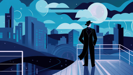 Vector illustration of a young man in a suit and cap on the background of the night city.の素材