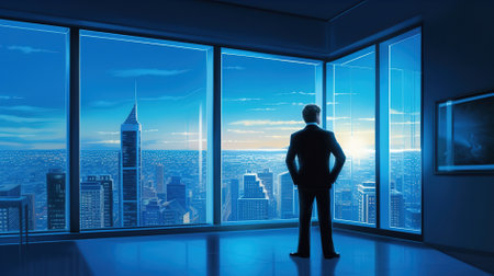 Businessman looking at panoramic window with New York city viewの素材