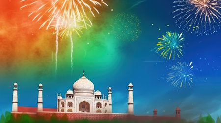 Taj Mahal in Agra, Uttar Pradesh, India with fireworksの素材