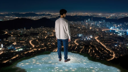 Businessman standing on top of a mountain and looking at the cityの素材