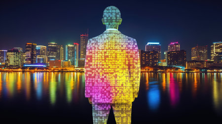 Silhouette of businessman with binary code and cityscape at nightの素材