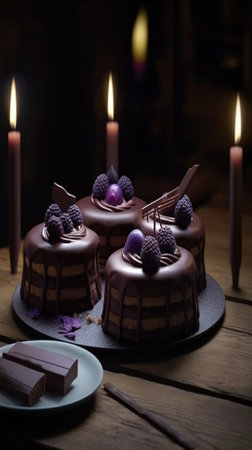 Chocolate cake with berries and candles on a dark background. Selective focus.の素材
