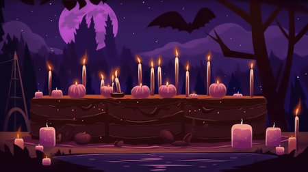 Halloween background with cake and candles. Vector illustration in cartoon styleの素材