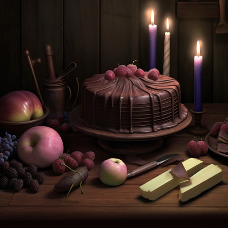 Chocolate cake with fruits and candles on a wooden background. 3d renderの素材