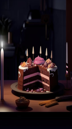 Birthday cake with candles on a wooden table in a dark roomの素材