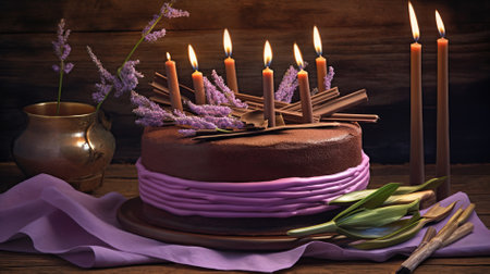 Chocolate cake with burning candles on wooden background. Toned.の素材