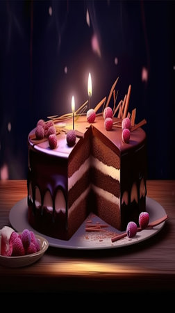 Birthday chocolate cake with raspberry and candle on wooden table in dark roomの素材