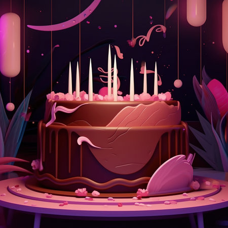 Beautiful cake with candles and flowers on the table. Vector illustration.の素材