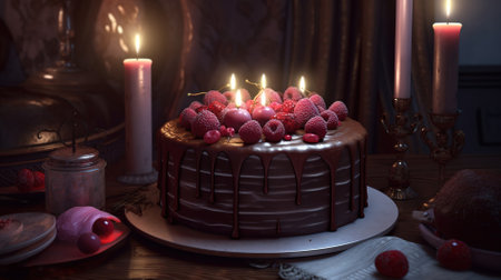 Chocolate cake decorated with fresh raspberries and cherries.の素材