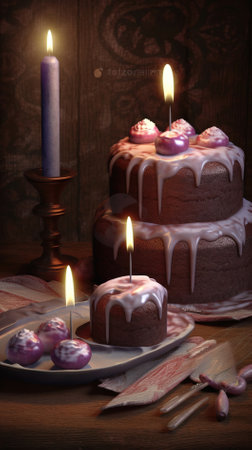 Easter cake with candles on a wooden background. Toned.の素材