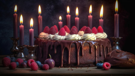 Birthday chocolate cake with fresh berries and burning candles on dark backgroundの素材