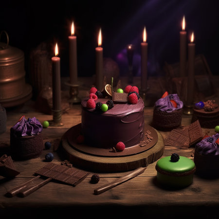 Birthday cake decorated with berries and chocolate on a wooden table.の素材