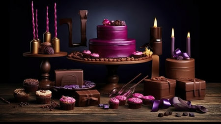 Birthday cake and chocolate candies on wooden table on dark backgroundの素材