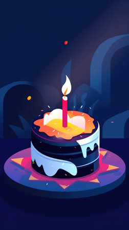 Birthday cake with burning candle, vector illustration in cartoon style.の素材