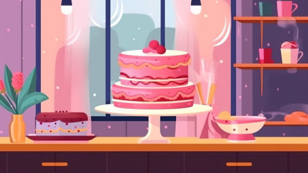 Cake shop interior background. Vector illustration in flat cartoon style.の素材