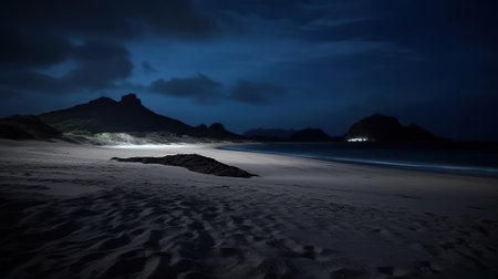 Dramatic night view of a beach with mountains in the backgroundの素材