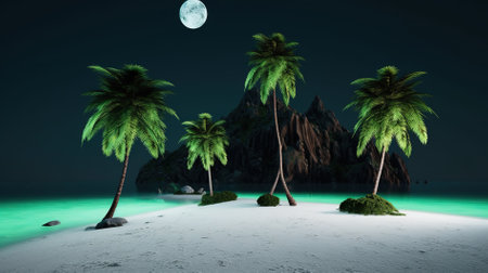 Tropical island with palm trees and sand at night. 3D renderingの素材