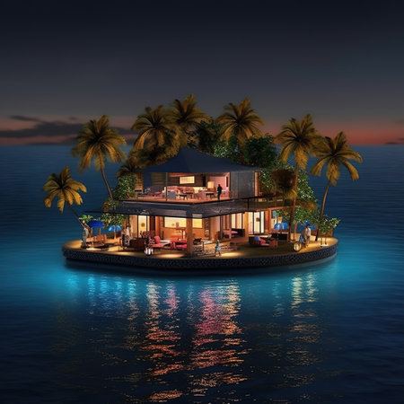3D render of a luxury villa on the water at nightの素材