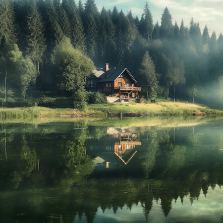 Wooden house on the lake in the Carpathian mountains.の素材
