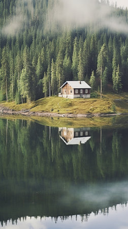 Wooden house on the shore of a mountain lake in the mountainsの素材