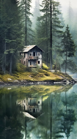 Old wooden house on the shore of a mountain lake in the fogの素材