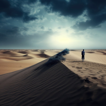 Businessman in the desert with sand dunes and stormy skyの素材