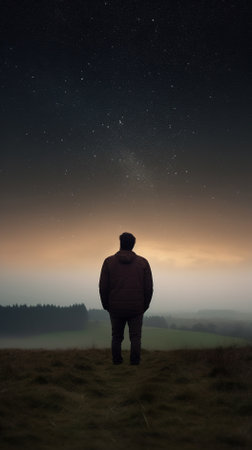 Man standing on top of a hill and looking at the starry skyの素材