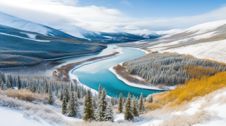 Beautiful winter landscape with turquoise lake in the mountains.の素材