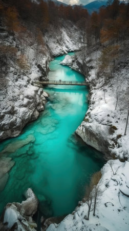 Turquoise river in the mountains. Beautiful winter landscape in the mountains.の素材