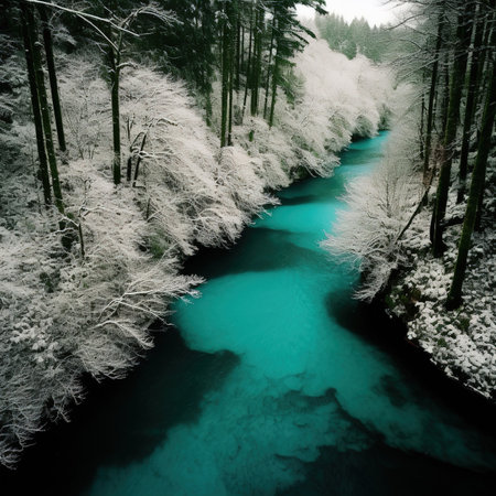 Beautiful winter landscape with a turquoise river in the forestの素材