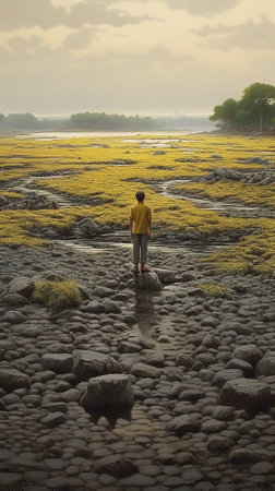 Man walking on the beach at low tide, Sri Lanka, Asiaの素材