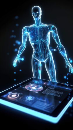 male body with tablet pc in blue light isolated on black background 3D renderingの素材