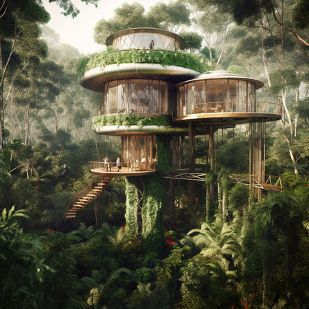 3d render of a house made of green plants in the jungleの素材