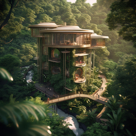 3d render of a house in a tropical forest, with a waterfallの素材