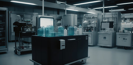 Chemical laboratory. Blue toned image. Concept of scientific research and development.の素材