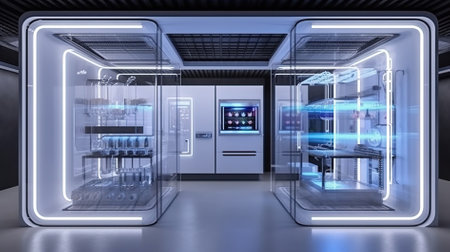 3D rendering of a futuristic science fiction laboratory with glowing lights.の素材