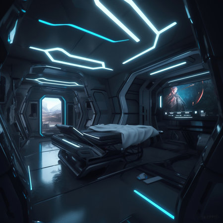 Futuristic spaceship interior with blue lights. 3D Renderingの素材