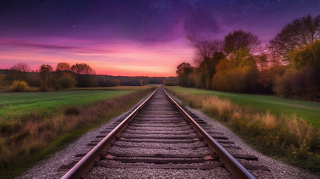 Railway tracks leading to the horizon under a starry sky.の素材
