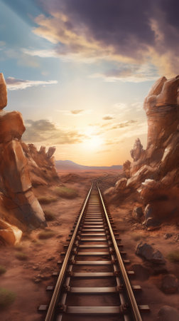 Railway tracks in the desert at sunset. 3D rendering.の素材