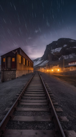 Railway station at night in the mountains of Lofoten islands, Norwayの素材