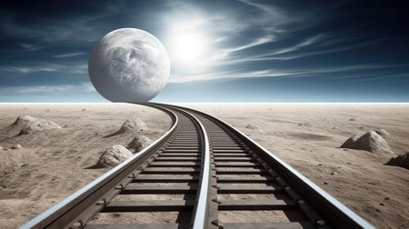 Conceptual image of railway track leading to the moon in spaceの素材