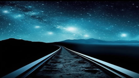 railway leading to the horizon in the starry sky. 3d renderingの素材